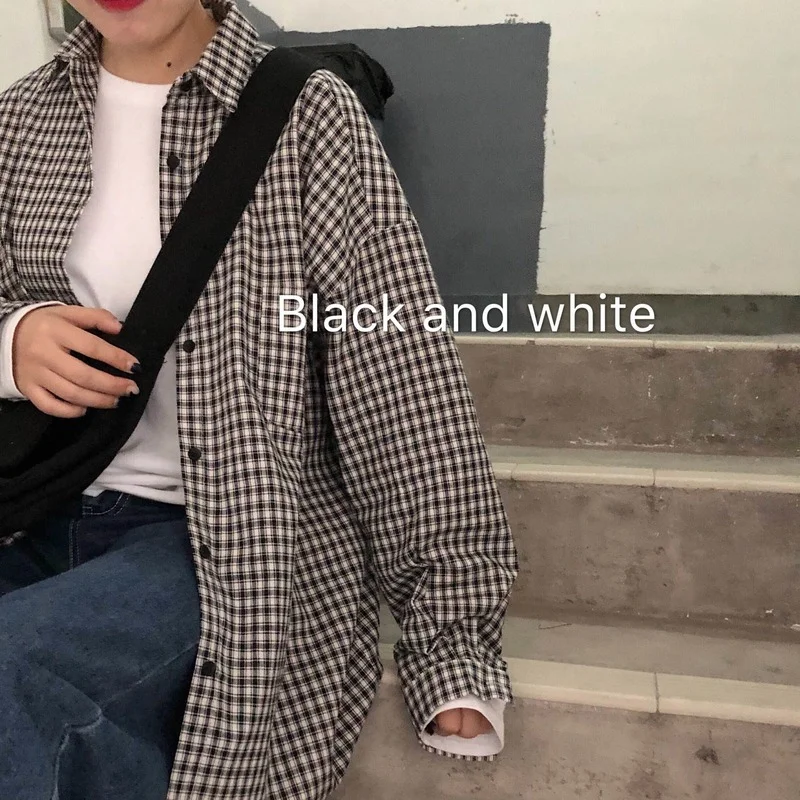 

QWEEK Plaid Shirt Women Checkered Beautiful Blouses Ladies Korean Style 2021 Fashion Vintage Long Sleeve Button Up Cardigan Chic