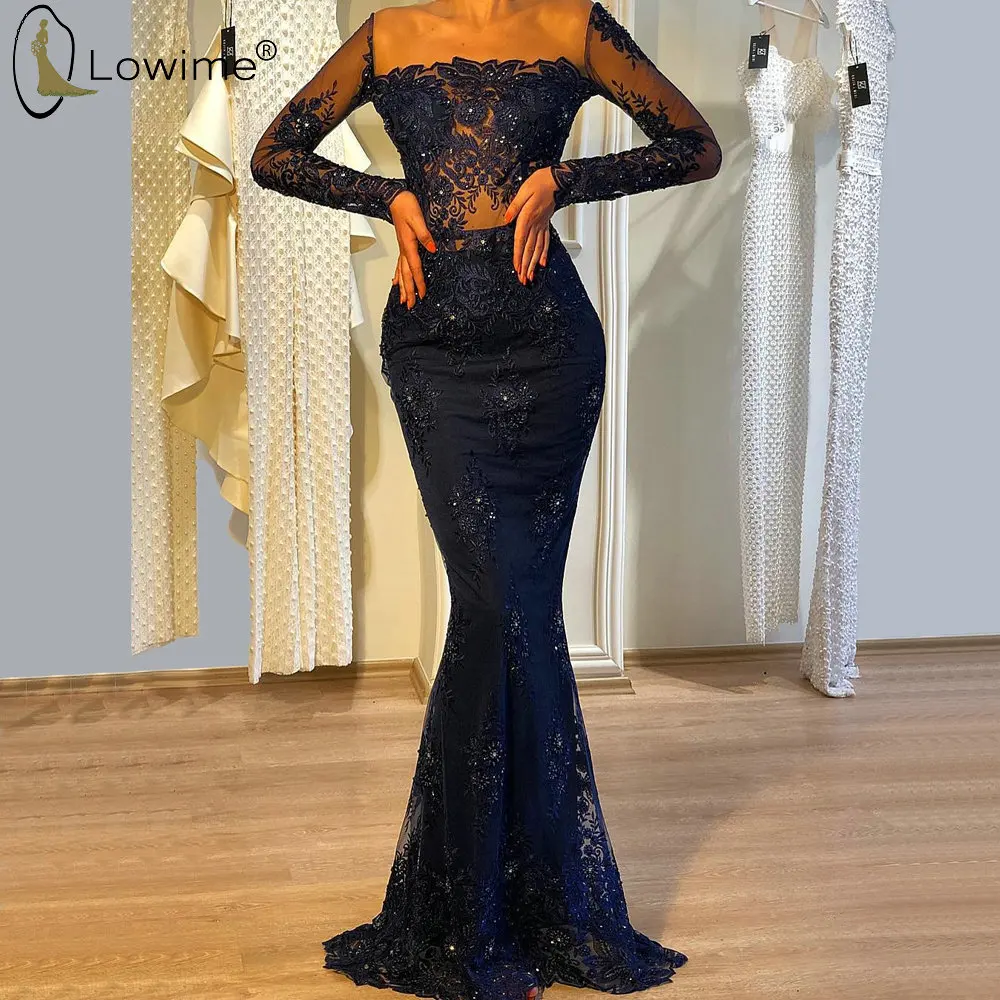 

Женское вечернее платье-русалка, темно-синее платье с квадратным вырезом, длинным рукавом, аппликацией и бисером, Восточный Дубай, бальное п...