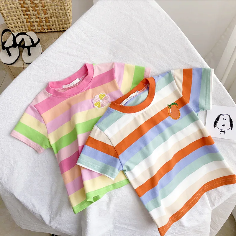 

WLG/футболки для девочек Детская летняя футболка в радужную полоску с короткими рукавами Повседневная универсальная одежда для маленьких де...