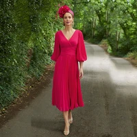 saudi arabic fuchsia cocktail dresses tea length chiffon homecoming gowns v neckline party gowns with sleeves pleated skirt