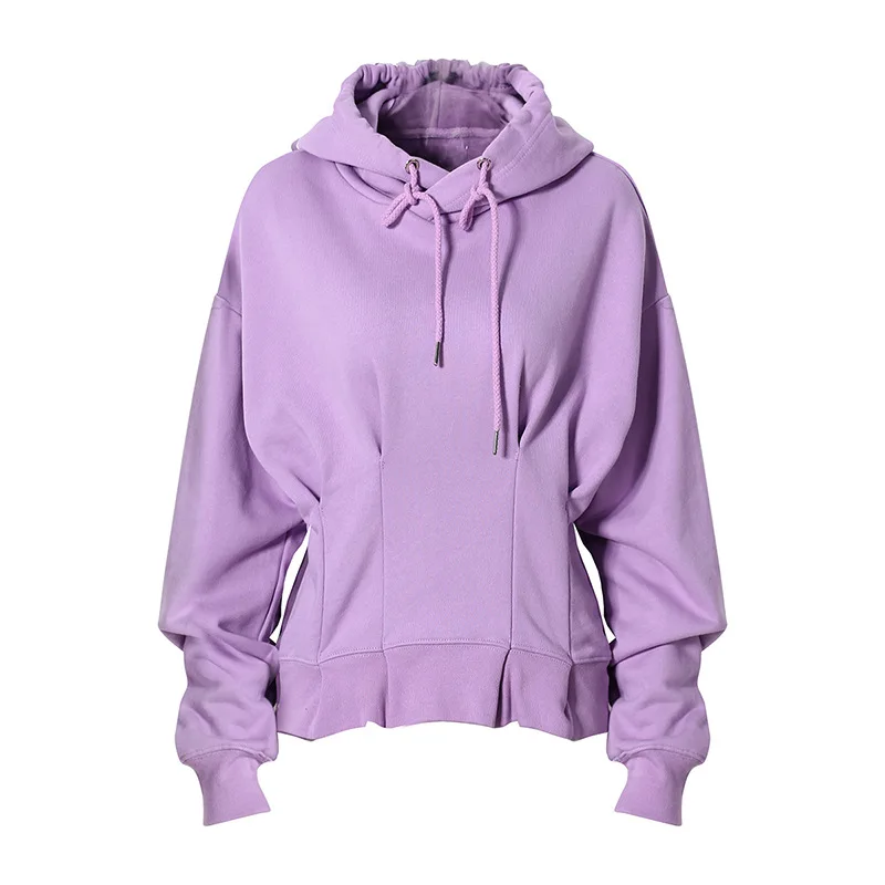 

Slim Fit Hoodies Women Autumn 2021 Shirring Tunic Waist Solid Pullover Top Side Zipper Design Drawstring Hoody