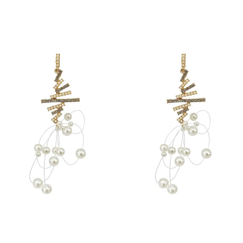 

TIMEONLY Hyperbole Fishing Line Faux Pearls Dangle Earring for Women Shiny Crystal Tassel Earrings Wedding Jewelry Wedding