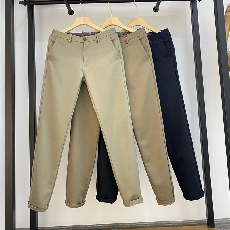 

2021 zipper open front pants casual mid waist solid color straight belt young men's casual pants 515