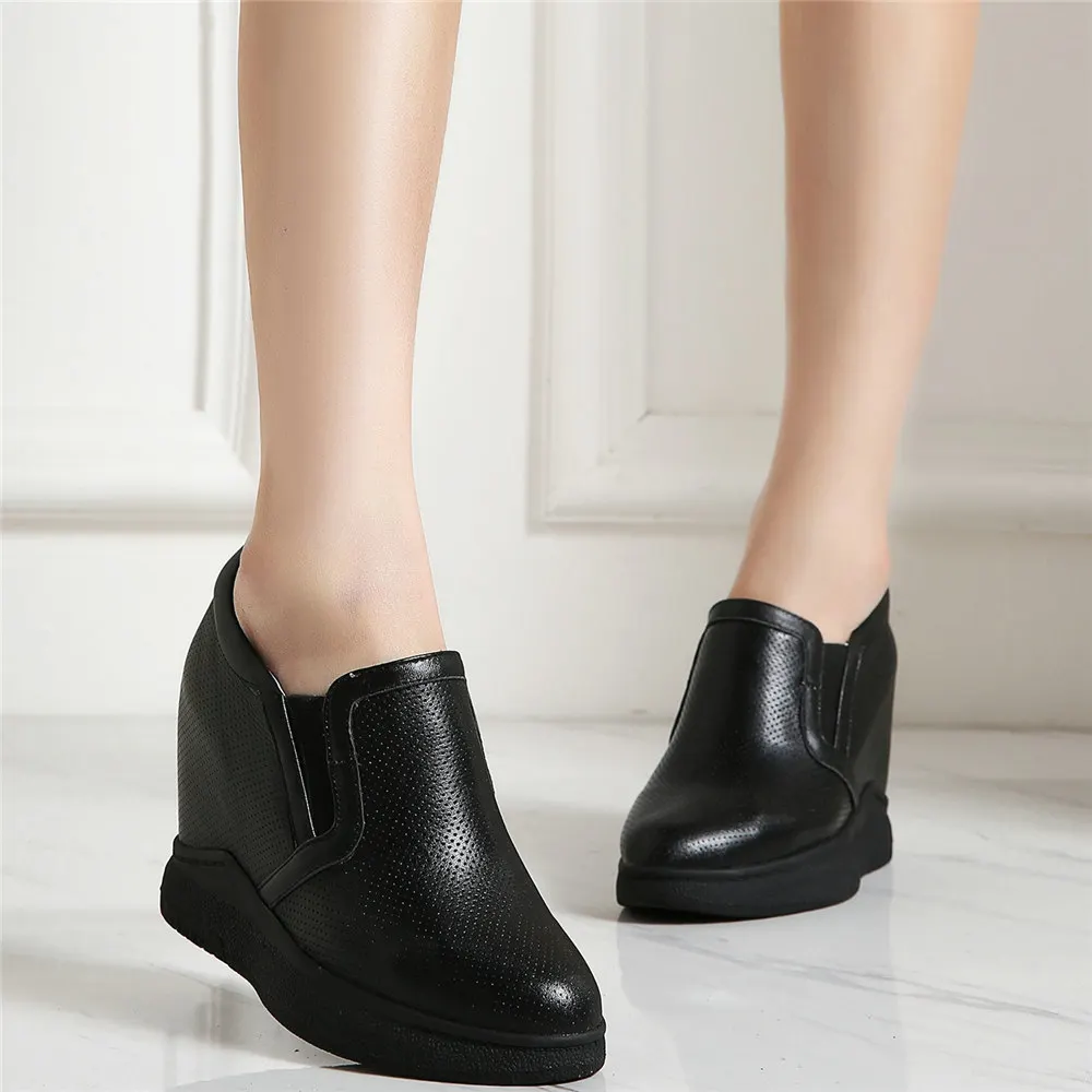 

Punk Oxfords Shoes Women Genuine Leather Wedges High Heel Ankle Boots Female Breathable Round Toe Fashion Sneakers Casual Shoes