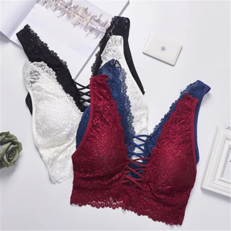 

Hirigin Women Push Up Padded Bralette V-Neck Bandage Lace Crocket Strappy Bustier Solid Vest Crop Top