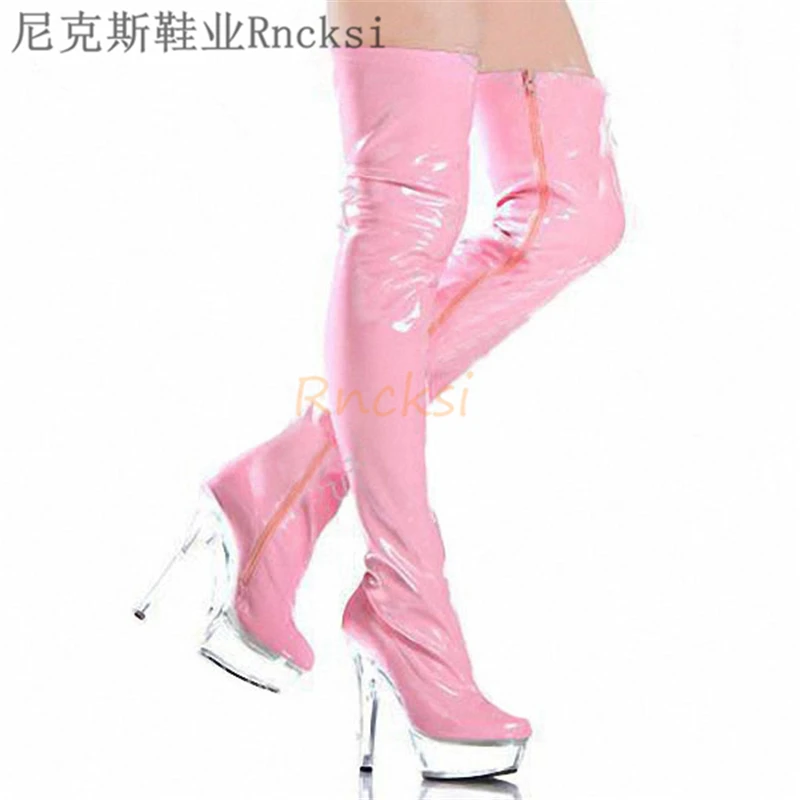 

Rncksi 15cm Super High Heel Shoes Crystal Slim Heel Over Knee Boots Model Fashion Easy Matching Transparent Sexy Round Toe Solid