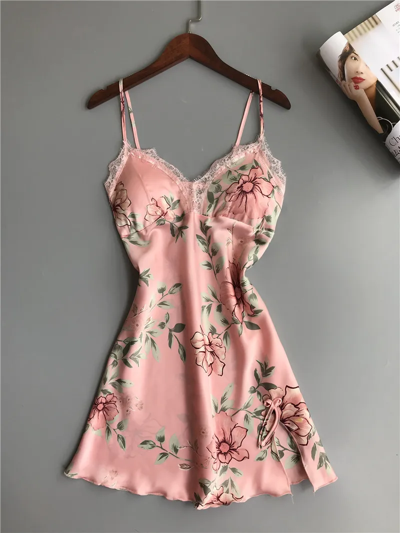 

Ins Style Women Nightgown Sweet Printed Flower Ladies Sling Skirt Sleepdress Silk Satin Thin Female Loose Summer Homewear