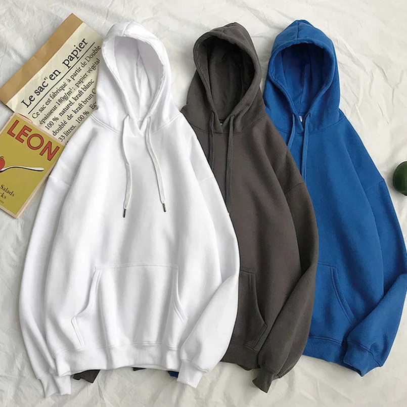 

Casual Long Sleeve Solid Tops Loose Streetwear Hoodies Korean Fashion Women Plain Sweatshirt Poleron Basic Hooded Pullover 2021