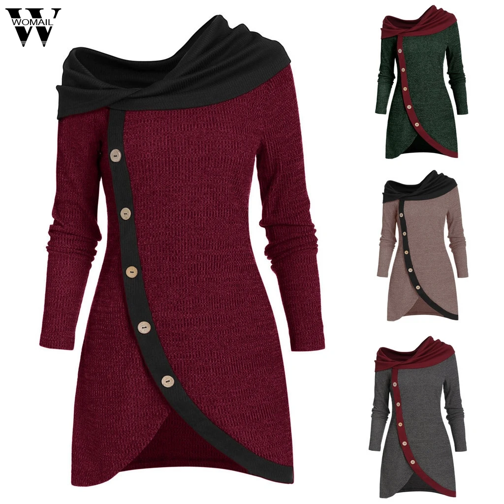 Womail размера плюс женская футболка модный длинный рукав контрастный цвет пуловер