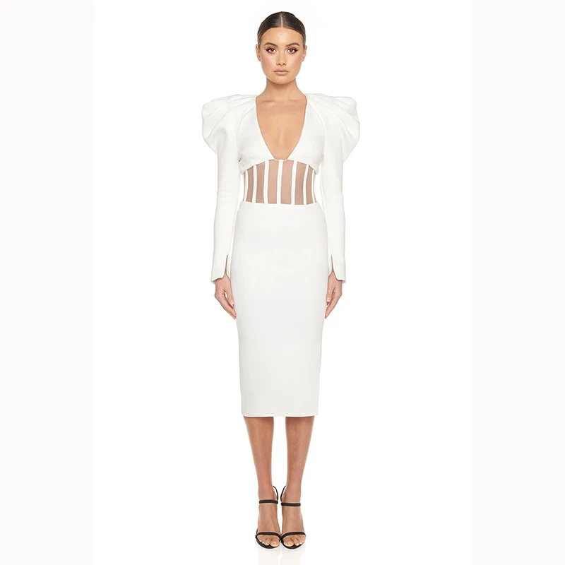 

High quality white sexy tight N neck long sleeve mesh waist rayon bandage evening dress
