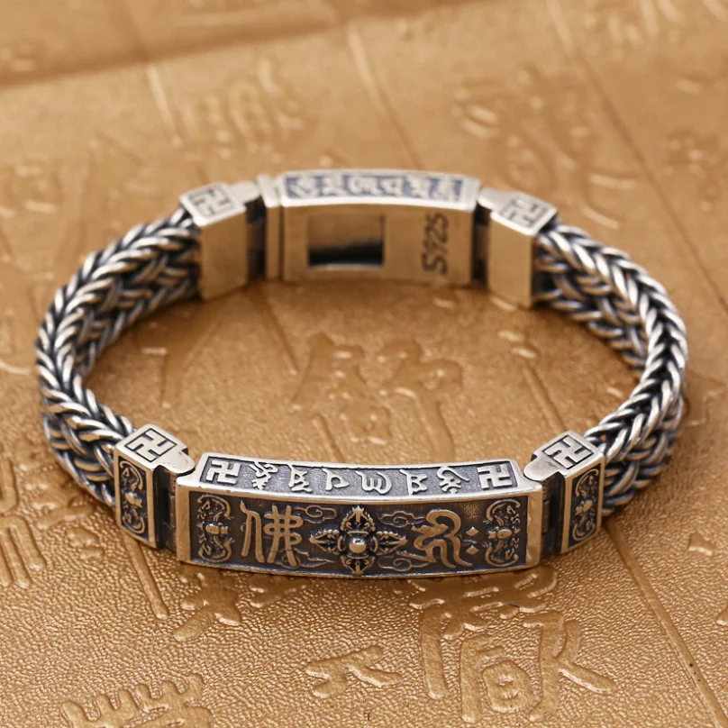 

Pure Silver Sterling 925 Solid Silver Religious Buddha Lection Braided Lock S925 Bangle Bracelet