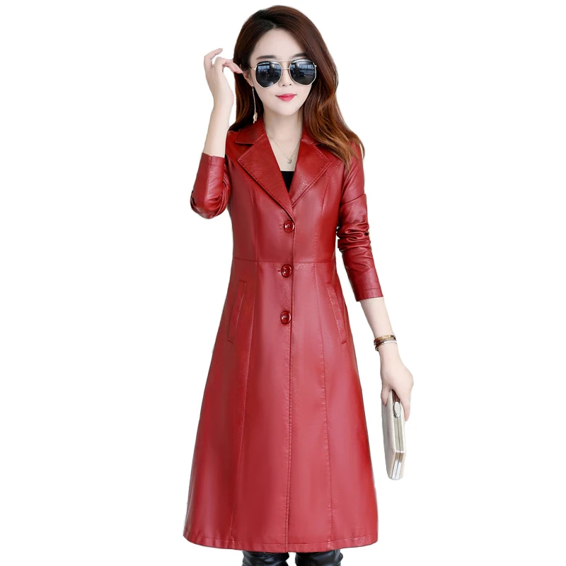 Модная длинная куртка из искусственной кожи женский зимний осенний Тренч