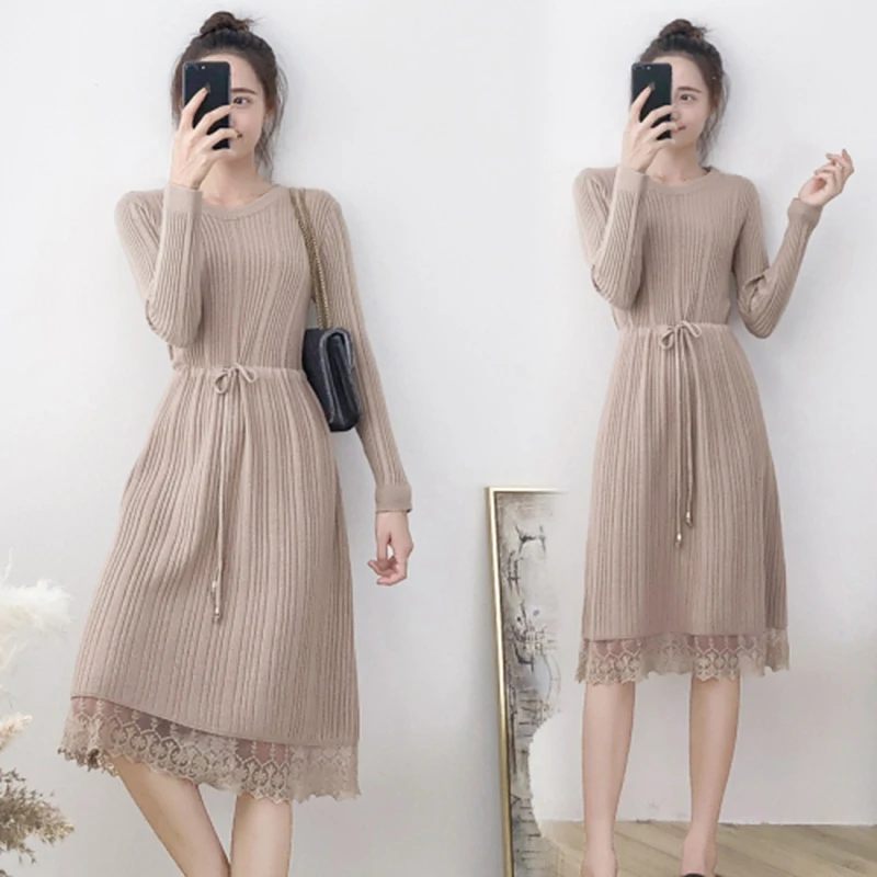 Новинка женское элегантное осенне-зимнее платье-свитер длинное плотное платье