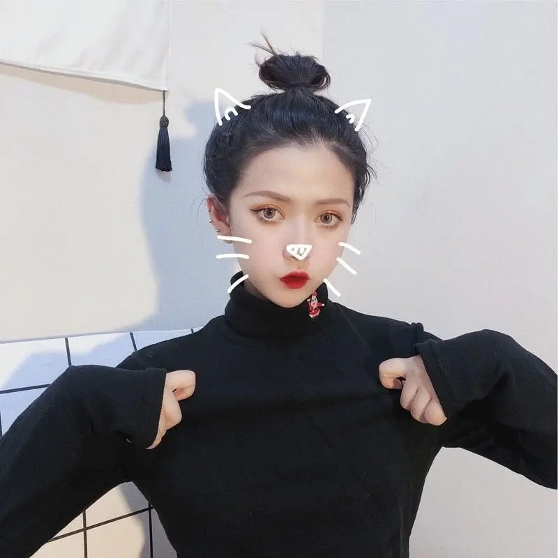 Женские футболки в Корейском стиле, с мультяшным принтом, с вышивкой, Kawaii, теплые, забавные, повседневные, рождественские Топы для женщин, s Ulzzang, водолазка, высокое качество