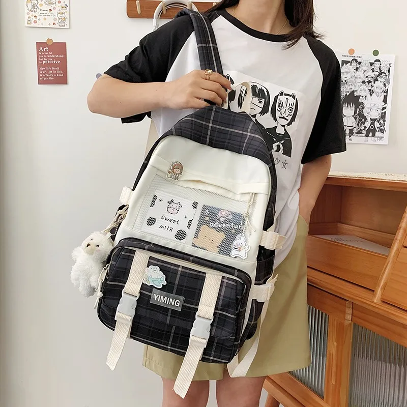 Японский женский рюкзак в клетку, нейлоновый вместительный школьный ранец для девочек, легкие водонепроницаемые дорожные сумки с защитой о...