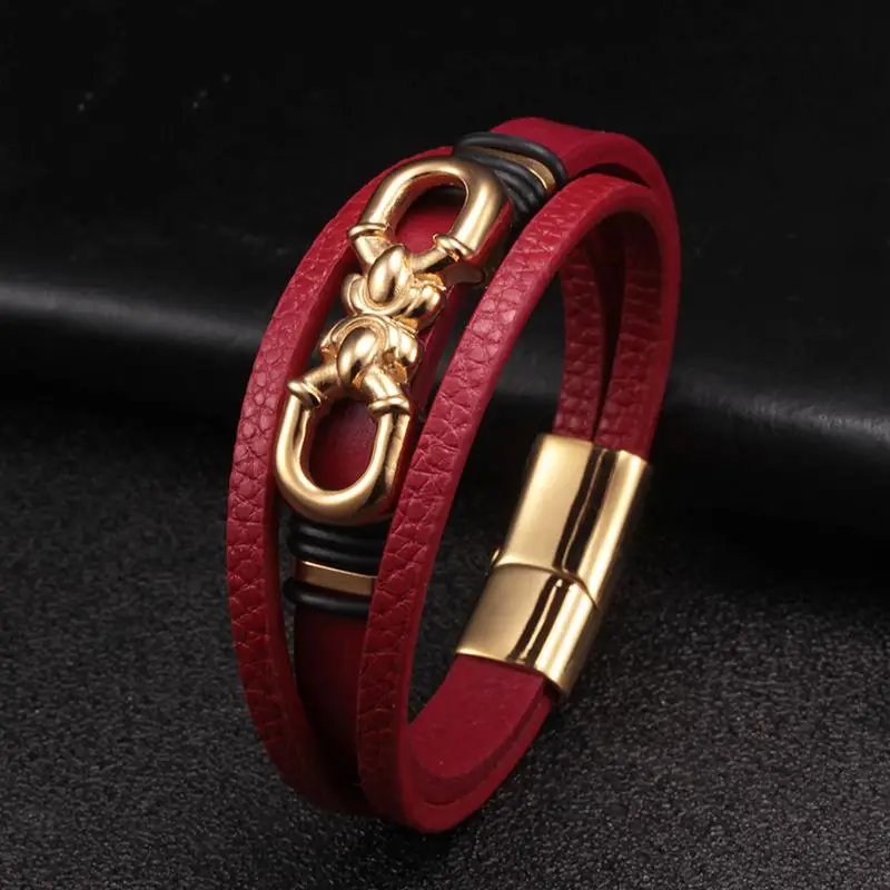 

New Brand Handcuffs Stainless Steel Chain Link Cuff Bracelets Red Genuine Leather Men Women Fashion Sporty Charm Bracelet homme