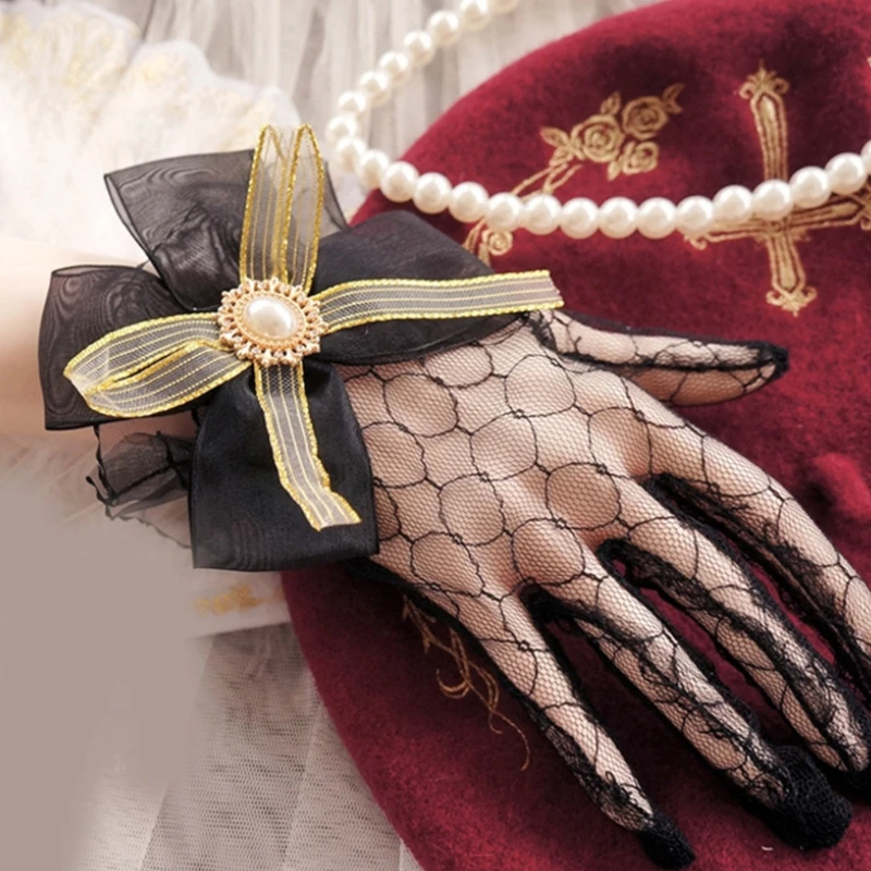 

Перчатки в стиле "Лолита" с оборками, кружевные перчатки с бантом для защиты от солнца, перчатки с отверстиями, P8DB