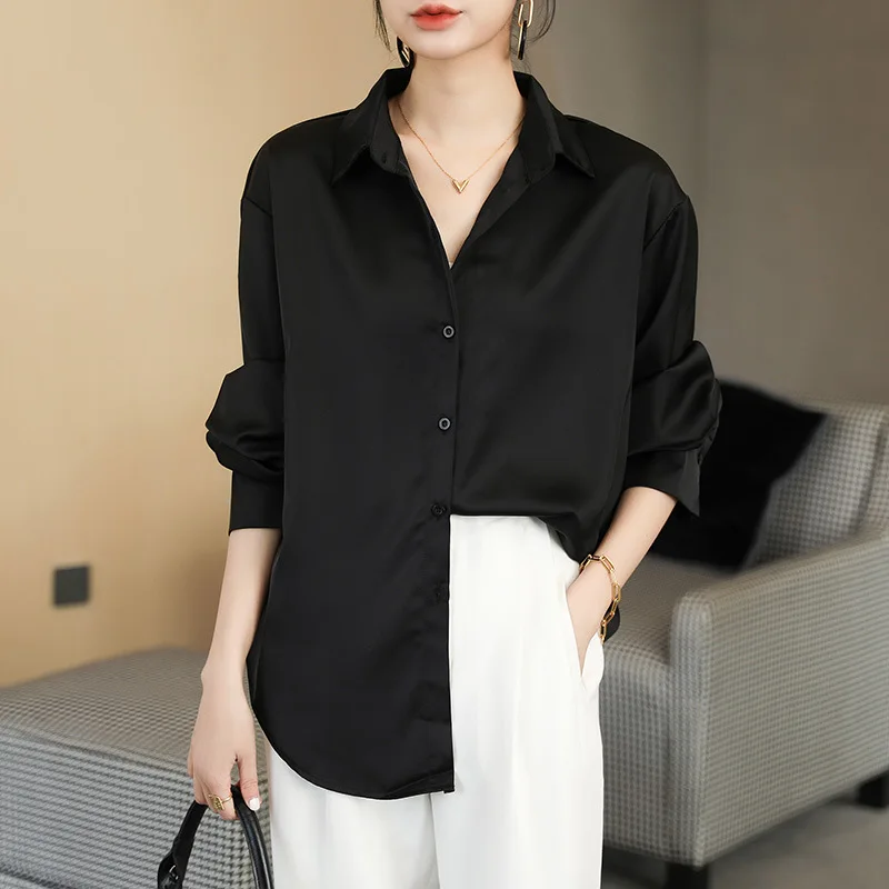 Атласная Блузка белая рубашка женские рубашки больших размеров с воротником