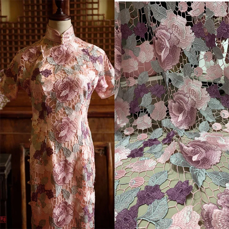 

Lace239 From 2meter Exquisite High Density Hollow Mesh Peony Embroidered Lace Fabric Cheongsam Dress Clothes DIY Sewing Material