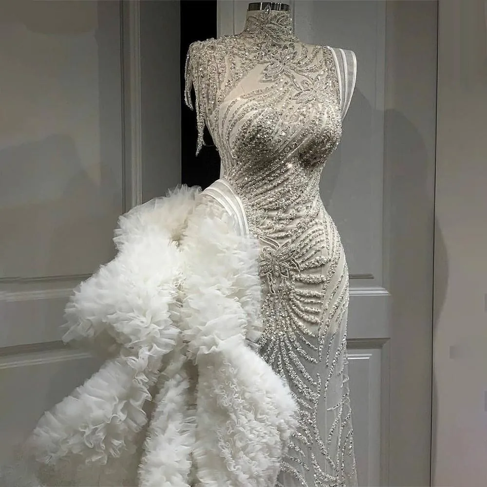 Major Beading Illusion Prom Dresses WIth Ruffles Train Tassels See Through Mermaid Evening Dress Dubai Celebrity robe de soirée