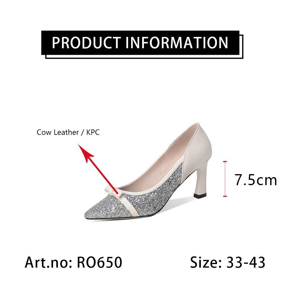 

RJN New Stylish Shining Pumps Butterfly-Knot Decoration Sexy Pointed Toe Mid-Heel Slip-On Shoes Women Genuine Leather PumpsRO650