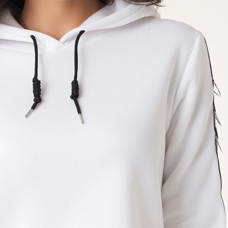 

Summer New Female Sweatshirt White Long Sleeve Lattice Splicing Contrast Color Webbing Sports Casual Loose Hoodies Women's Sweat