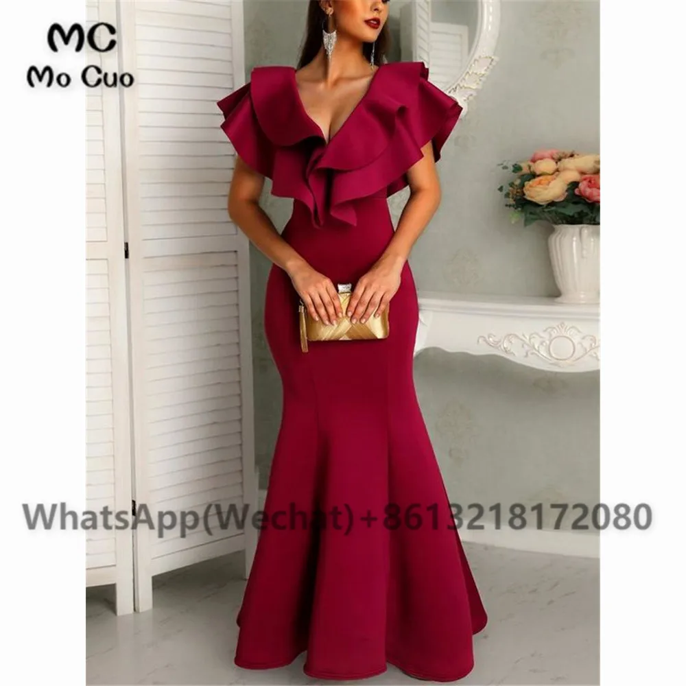 

Женское атласное платье-русалка, винно-Красное длинное вечернее платье с V-образным вырезом, рукавами-крылышками и оборками, платье для выпу...