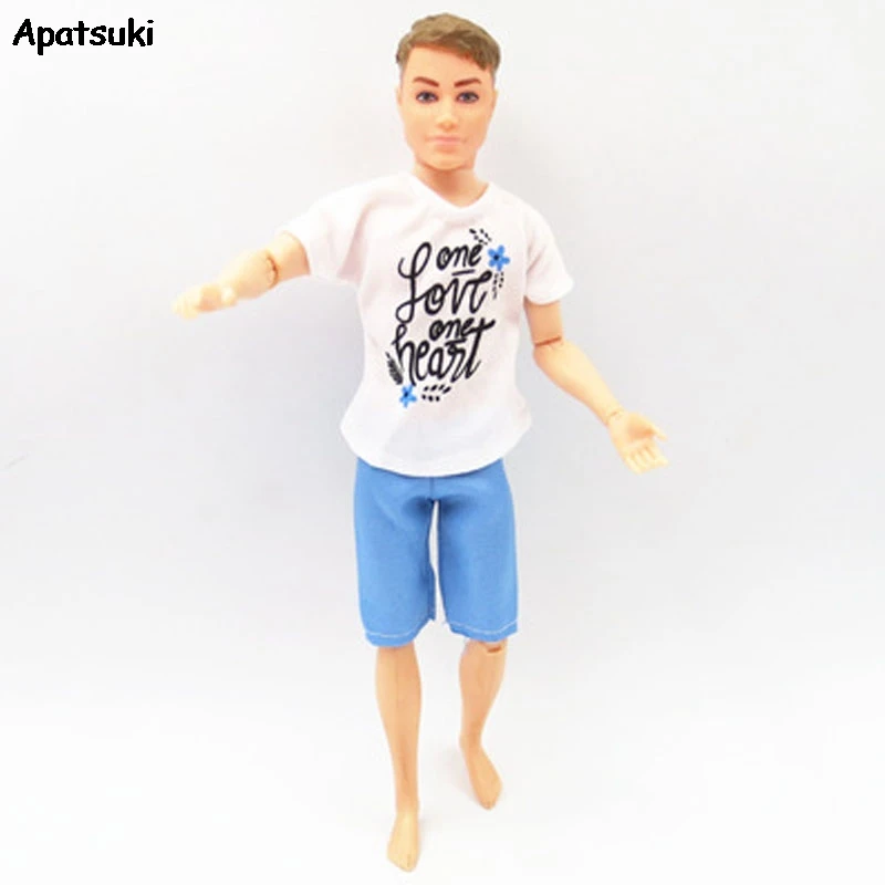 

1/6 Boy Doll Clothes For Ken Doll Outfits White Letter T-shirt & Blue Shorts For Barbie Boyfriend Ken Male Dolls Kids DIY Toys