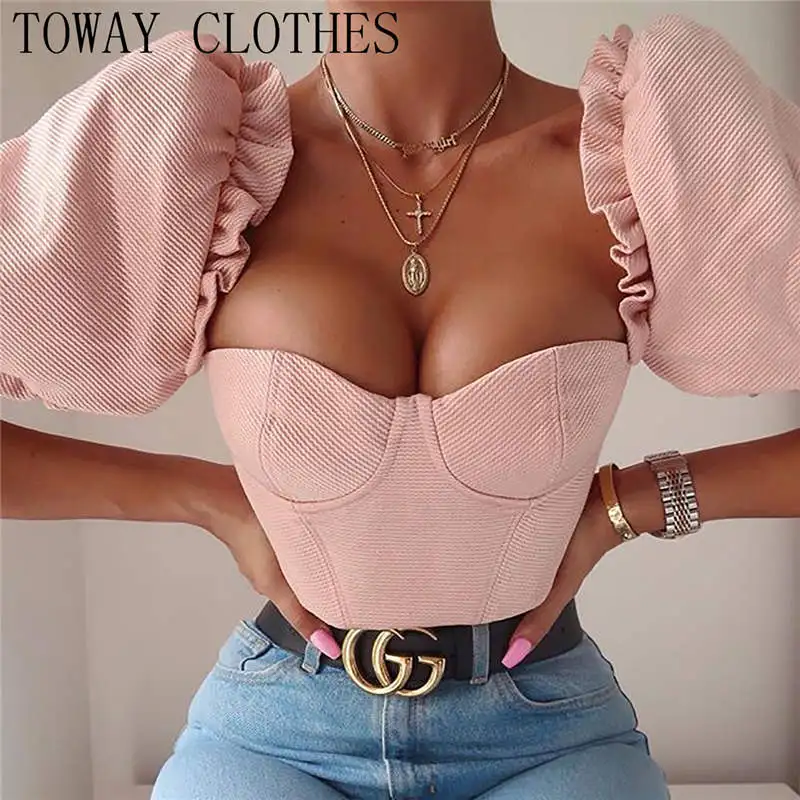 Однотонная женская блузка с пышными рукавами соблазнительный элегантный