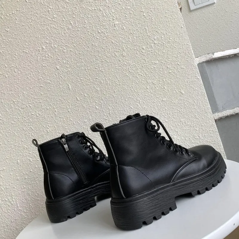 Ботинки на платформе Обувь в готическом стиле Женские ботинки Черные кожаные