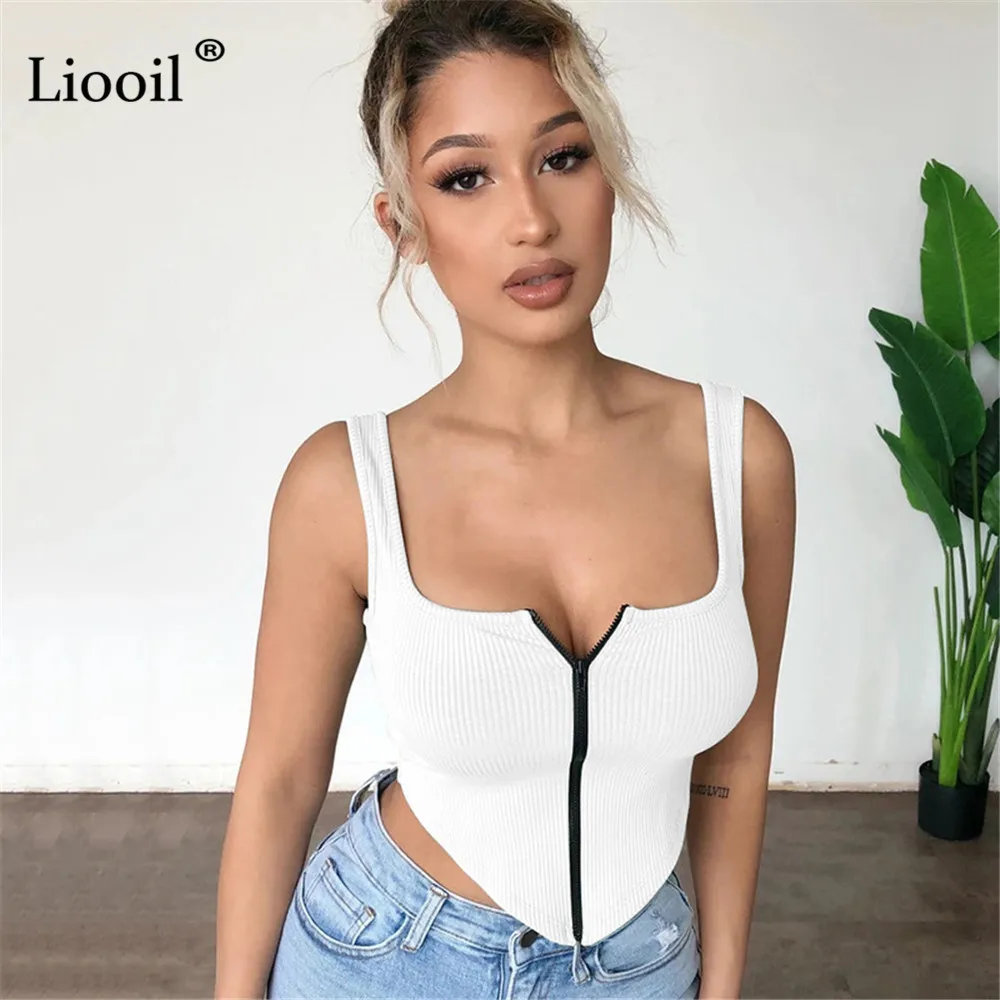 

Liooil Knit Ribbed Zip Up Short Corset Tank Tops Women Asymmetrical Sleeveless Black White Red Knitwear Sexy Bodycon Camis Tops