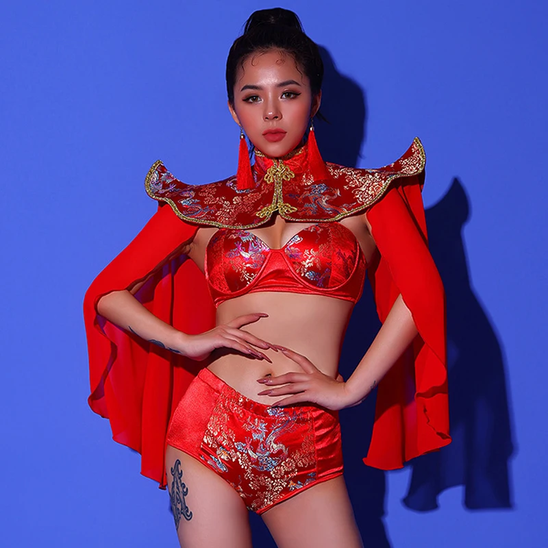 Женский костюм для бара диджея ночного клуба красное бикини плащ в китайском