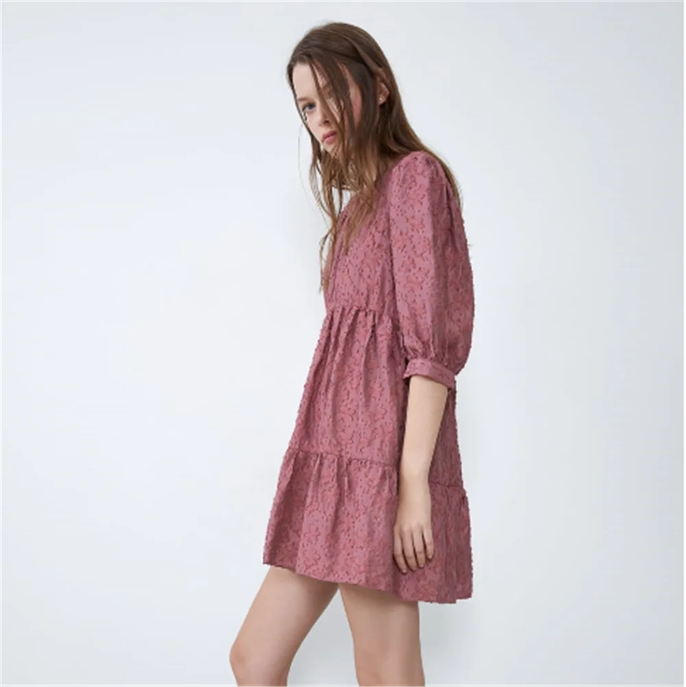 2020 ZA Spring New Ladies Dress Fashion Textured Loose Boho Women's Round Neck Short Sleeve Party Gift Wholesale | Женская одежда