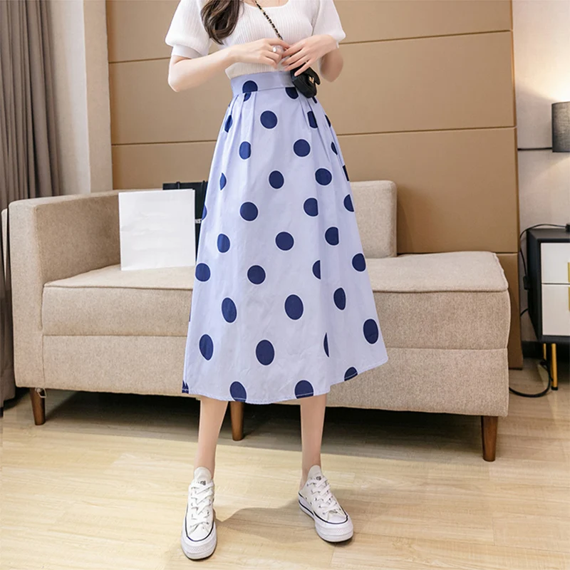 

Юбка-миди женская летняя, с завышенной талией, тонкая, с принтом в горошек