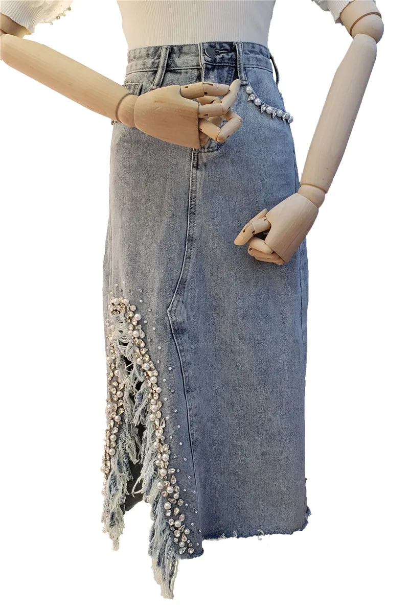

2021 Summer Women Elegant Fashion High Waist Pearl Slit Hem Skirt New Beaded Slimming Denim A-Line Mid-length Skirt
