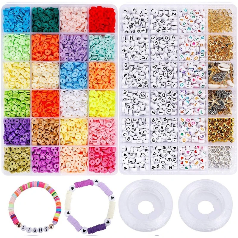 

Q1FA Clay Beads Multi Colors Flat Round Polymer Clay Spacer Beads with Pendant Charms Kit for DIY Jewelry Making Bracelets