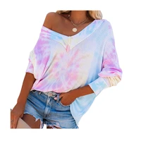 autumn winter women tie dye one shoulder long sleeve waffle sweater loose pullover blouse plus size warm casual knitted tops