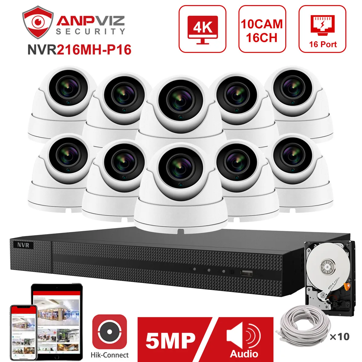 

Hikvision OEM 16CH NVR Kit 4K Anpviz 5MP POE IP Camera System 10pcs IP Camera Indoor/Outdoor IP Security System Kit IP66 30m P2P