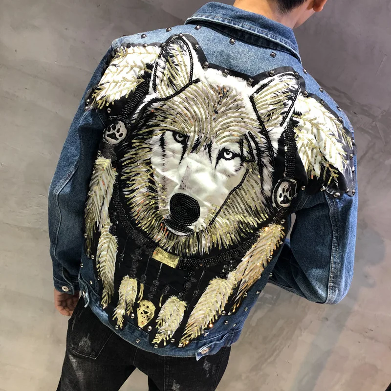 blue 3 ABOORUN мужские джинсовые куртки в стиле панк с несколькими заклепками, джинсовые куртки с вышивкой льва, весенне-осеннее пальто для мужчин R588 - Цвет: blue 3