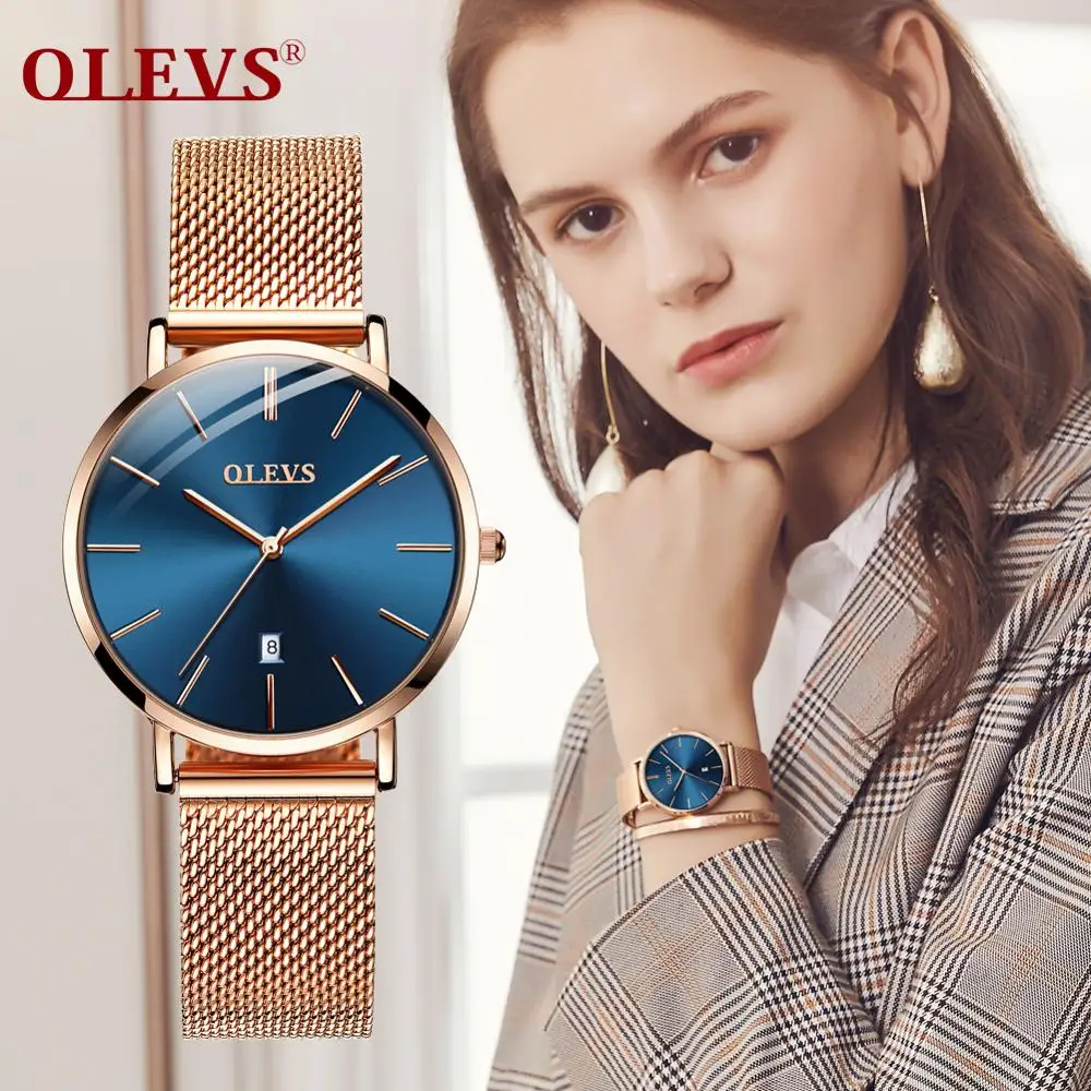 OLEVS, стальные часы из розового золота, женские часы, Топ бренд, Роскошные, Япония, механизм, кварцевые, ультра тонкие, женские часы, календарь, montre femme