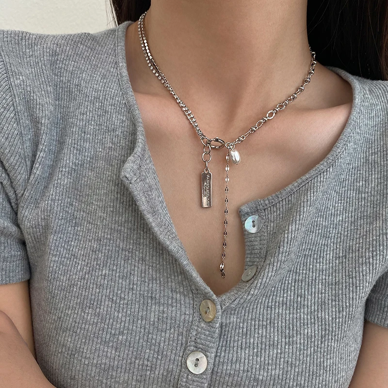 

Harajuku Fashion Stainless Steel Pearl Pendant Necklace For Women Punk Cuban Chain Choker Short Necklace Hip Hop Jewelry Gifts