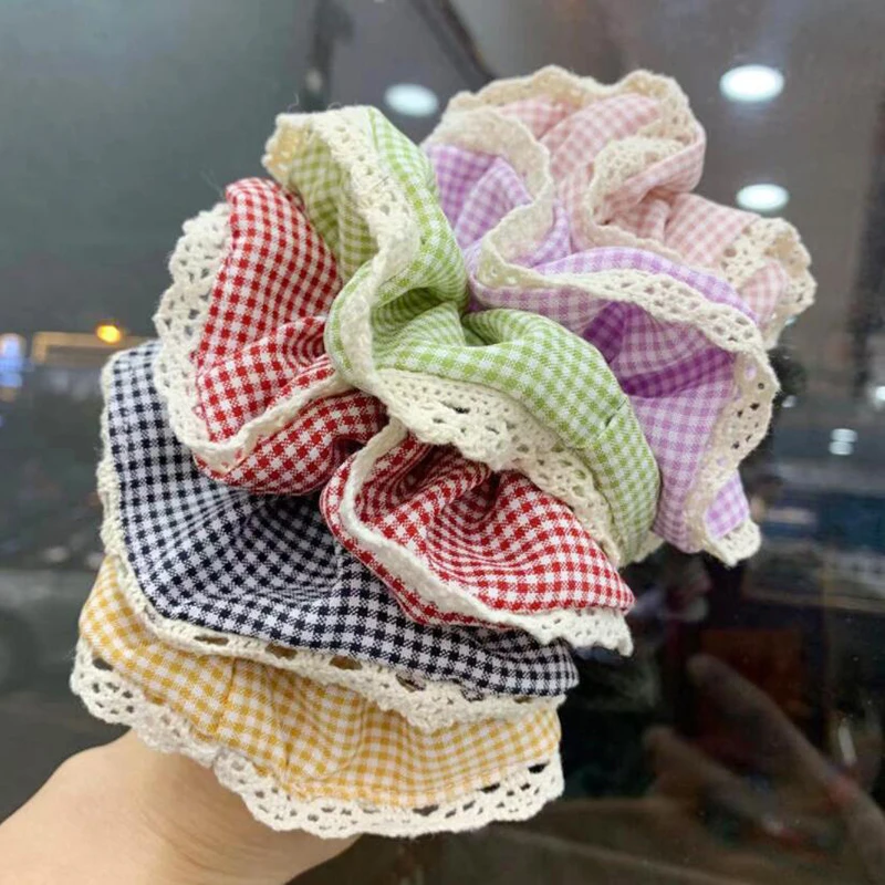 

Women Lace Plaid Hair Rings Vintage Wild Hair Ring Elastic Rubber Band Girls Fashion Ponytail Scrunchies Hair Accessories