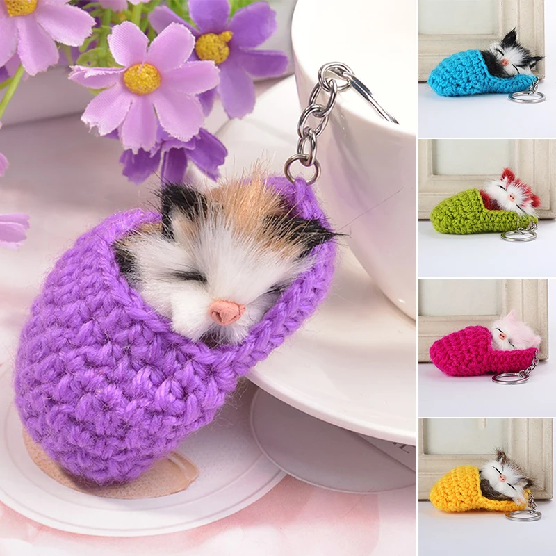 Cute Sleeping Cat Pompom Keychains Women Girls Handmade Woven Slipper Faux Fur Kitten key Rings Fluffy Bag Car Pendants Gift | Украшения и