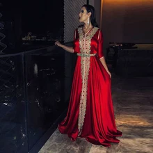 Lorie vermelho muçulmano vestido de noite cetim marroquino kaftan ouro renda meia manga árabe saudita ocasião especial vestido de festa feito sob encomenda (1)