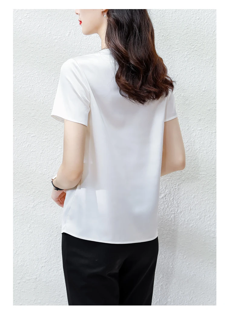 

Summer Korean Fashion Silk T-shirts for Women Vintage Satin Tops for Women Short Sleeves Plus Size XXXL White Office Lady Shirts
