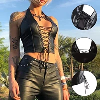 crop top women 2021 sexy patent leather strappy corset top black fashion gothic tank top party club female clothing bandage vest