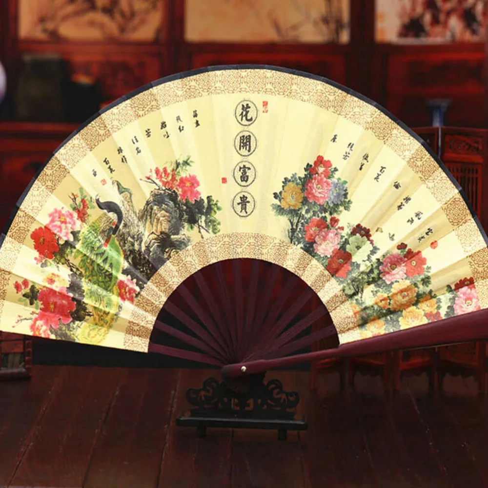 

Chinese Style Lotus Flower Pattern Silk Bamboo Folding Hand Fan For Men Vintage Pocket Folding Fan