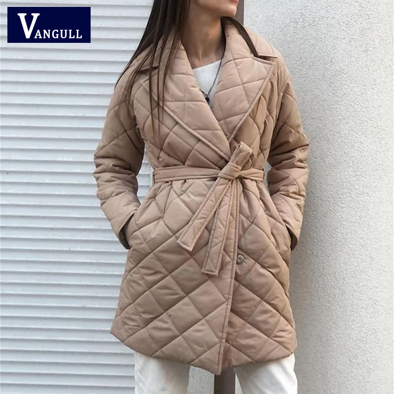 

Vangull Повседневная зимняя новая мягкая куртка с поясом, Женская длинная парка в клетку, теплое однотонное Женское пальто с длинным рукавом, с...