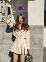 fashion milk tea beige apricot suit jacket korean style slim short 2021 spring autumn pleated skirt two piece female
