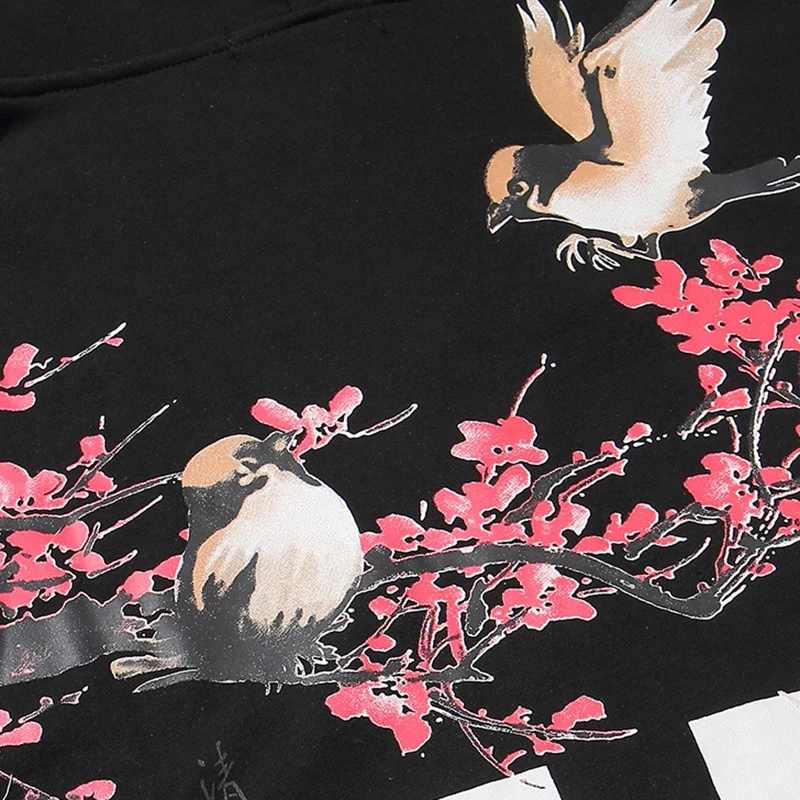 

Men Hip Hop Hoodies Sweatshirt Floral Bird Print 2021 Harajuku Streetwear Chinese Kanji Hoodie Pullover Spring Autumn Oversized